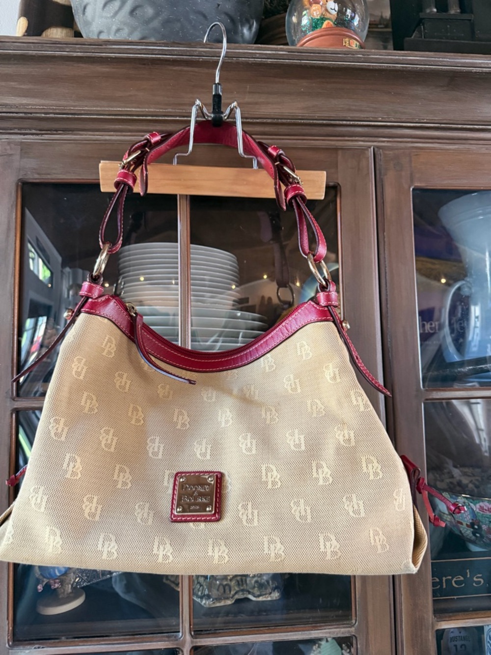 Dooney & Bourke Beige Canvas Hobo with Burgundy Trim